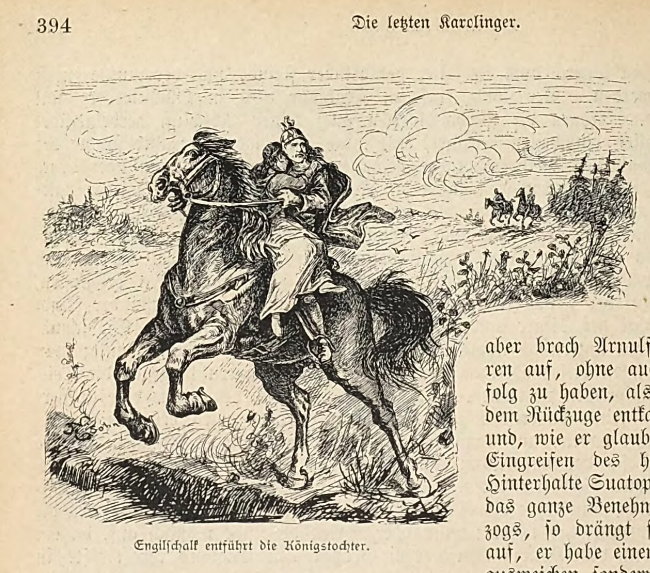 Man on horseback with a woman fleeing others.